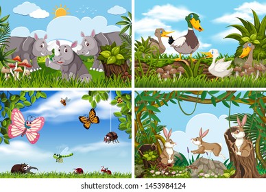Set of various animals in nature scenes illustration