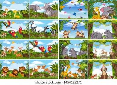 Set of various animals in nature scenes illustration