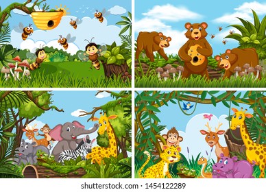 Set of various animals in nature scenes illustration