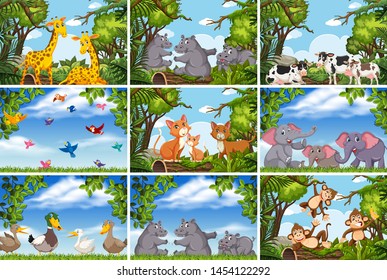Set of various animals in nature scenes illustration
