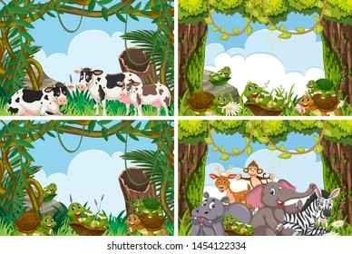Set of various animals in nature scenes illustration