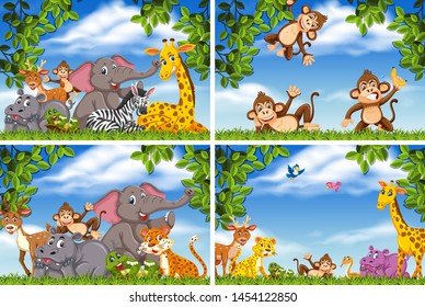 Set of various animals in nature scenes illustration