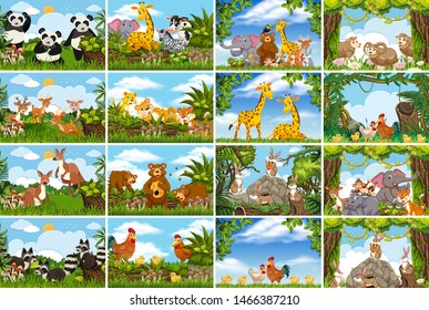 Set of various animals in nature scenes illustration