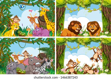 Set of various animals in nature scenes illustration