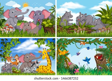 Set of various animals in nature scenes illustration
