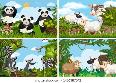 Conjunto de diversos animales en la ilustración de escenas de la naturaleza
