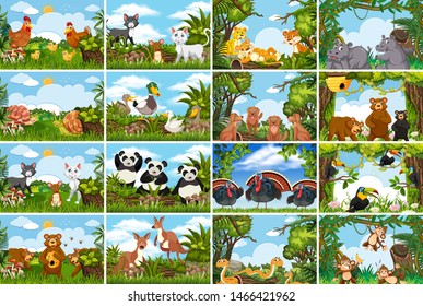 Set of various animals in nature scenes illustration