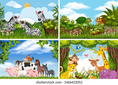 Set of various animals in nature scenes illustration