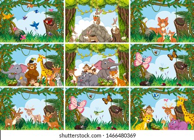 Set of various animals in nature scenes illustration