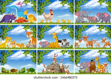 Set of various animals in nature scenes illustration