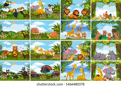 Set of various animals in nature scenes illustration