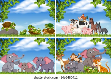 Set of various animals in nature scenes illustration