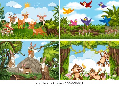 Set of various animals in nature scenes illustration