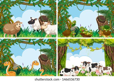 Set of various animals in nature scenes illustration