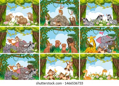 Set of various animals in nature scenes illustration