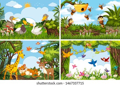 Set of various animals in nature scenes illustration