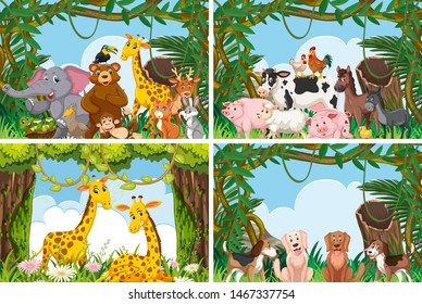 Set of various animals in nature scenes illustration