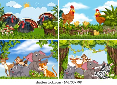 Set of various animals in nature scenes illustration