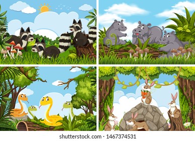 Set of various animals in nature scenes illustration