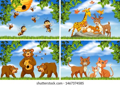 Set of various animals in nature scenes illustration