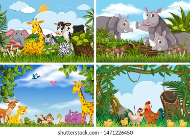 Set of various animals in nature scenes illustration