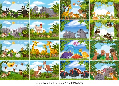 Set of various animals in nature scenes illustration