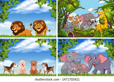 Conjunto de diversos animales en la ilustración de escenas de la naturaleza