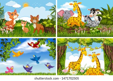 Set of various animals in nature scenes illustration