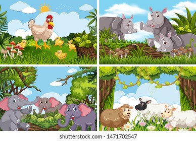 Set of various animals in nature scenes illustration
