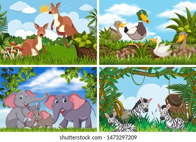 Set of various animals in nature scenes illustration