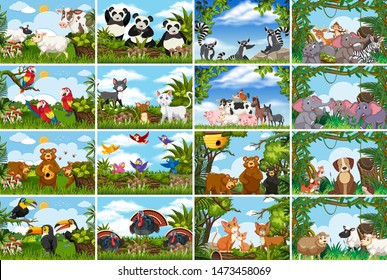 Set of various animals in nature scenes illustration