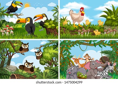 Set of various animals in nature scenes illustration