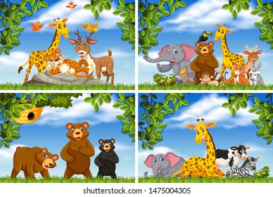 Set of various animals in nature scenes illustration