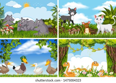 Set of various animals in nature scenes illustration