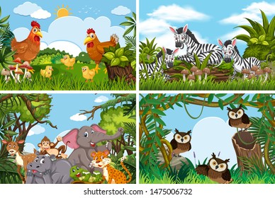 Set of various animals in nature scenes illustration