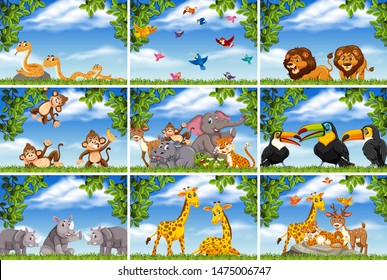 Set of various animals in nature scenes illustration