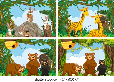 Set of various animals in nature scenes illustration