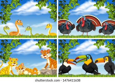Conjunto de diversos animales en la ilustración de escenas de la naturaleza