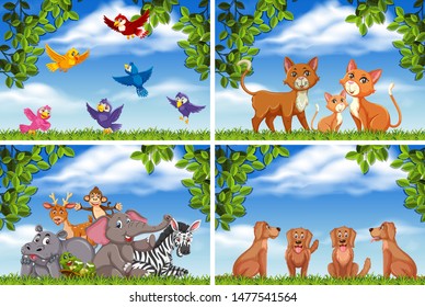 Set of various animals in nature scenes illustration