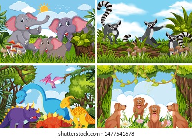 Set of various animals in nature scenes illustration