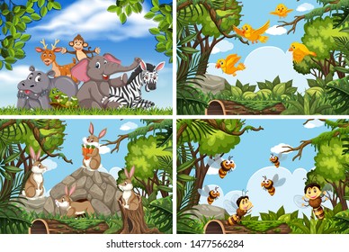Set of various animals in nature scenes illustration