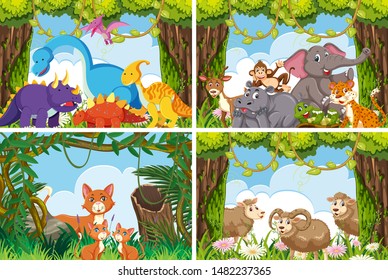Set of various animals in nature scenes illustration