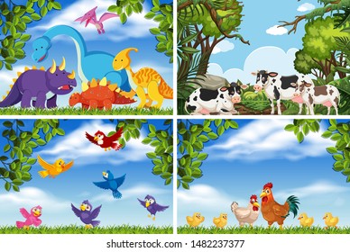 Set of various animals in nature scenes illustration