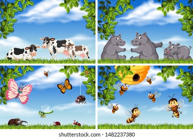Conjunto de diversos animales en la ilustración de escenas de la naturaleza