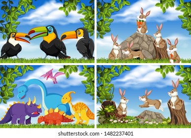 Set of various animals in nature scenes illustration