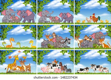 Reihe verschiedener Tiere in Naturszenen Illustration
