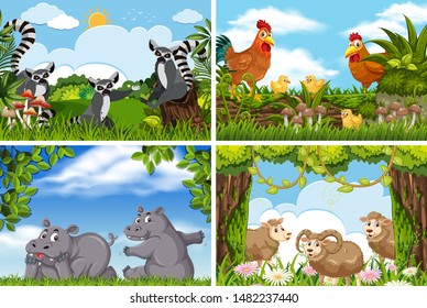 Conjunto de diversos animales en la ilustración de escenas de la naturaleza
