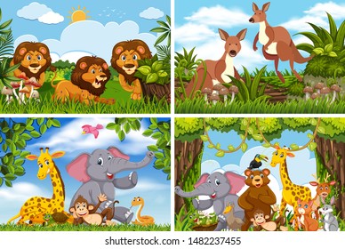 Set of various animals in nature scenes illustration