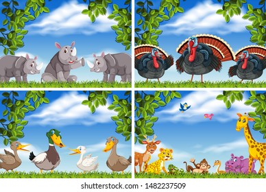 Set of various animals in nature scenes illustration