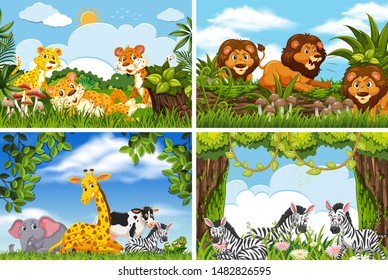 Set of various animals in nature scenes illustration